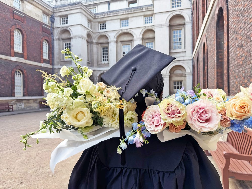 Graduation bouquet on a graduation gown